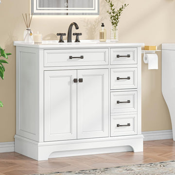 36'' Bathroom Vanity with Sink Combo, Freestanding Bathroom Vanities with Ceramic Sink, Luxurious Single Sink Cabinet with Soft Closing Doors & Drawers for Guest Baths Master Suites or Rental Units