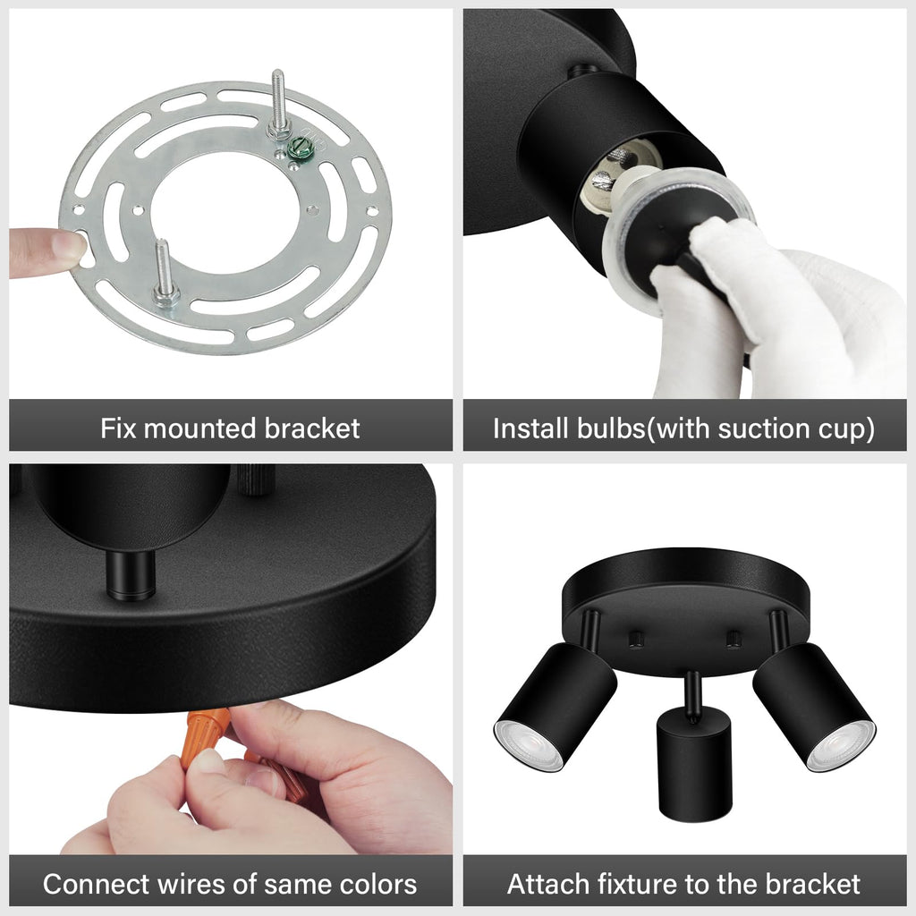 3 Light Track Lighting Fixtures Ceiling, Matte Black Round Directional Ceiling Spotlight, GU10 Flush Mount