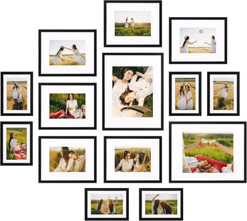 14 Pack Black Picture Frames Set, 2pcs 11x14 Matted for 8x10, 6pcs 8x10 Matted for 5x7, 6pcs 5x7 Matted for 4x6