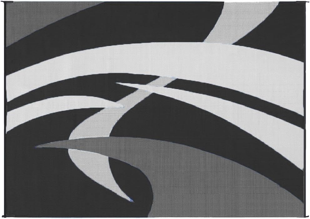 Outdoor Patio / RV Camping Mat - Swirl (Black/White, 9-Feet x 12-Feet)