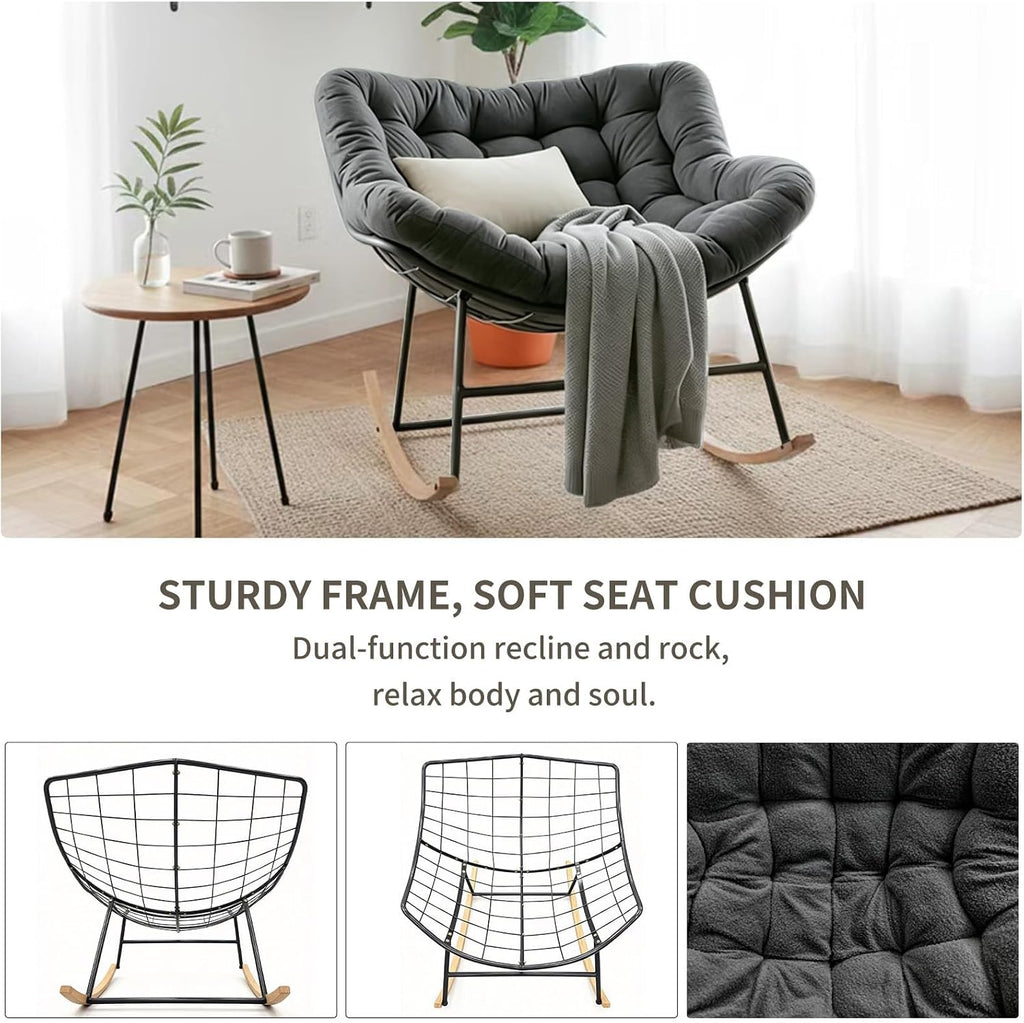 Oversized Papasan Rocking Chair with Thickened Cushion, Heavy-Duty Cozy Egg Chair, Large Comfy Lounge Chair for