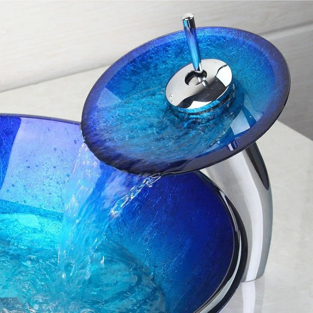 Blue Countertop Bathroom Vessel Sink with Waterfall Faucet