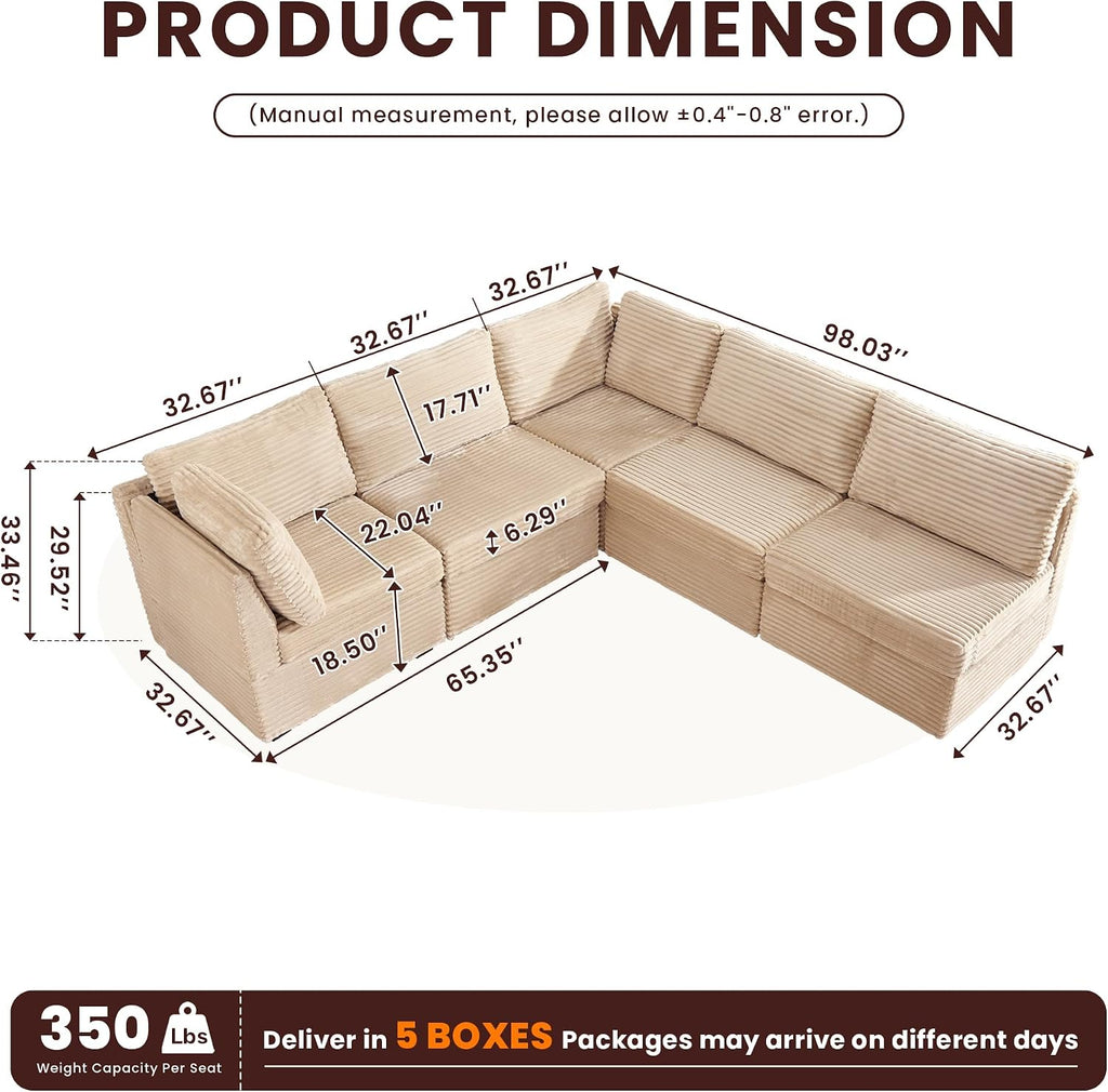 Modular Sectional Sofa,5 Pieces Sectional Couches ,98X98 L Shaped Cloud Couch Set(Beige Velvet Corduroy)