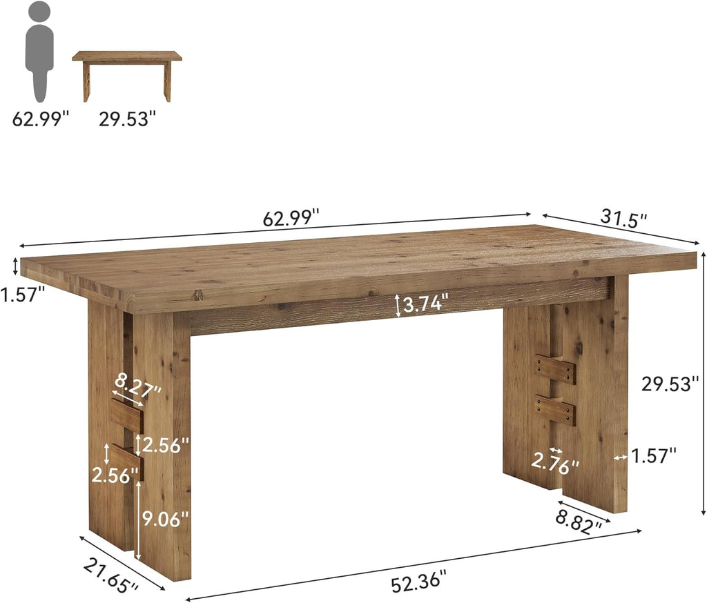 63-Inch Dining Table for 4-6, Solid Wood Kitchen Table with Large Tabletop and Heavy Duty Legs, Rectangular Farmhouse