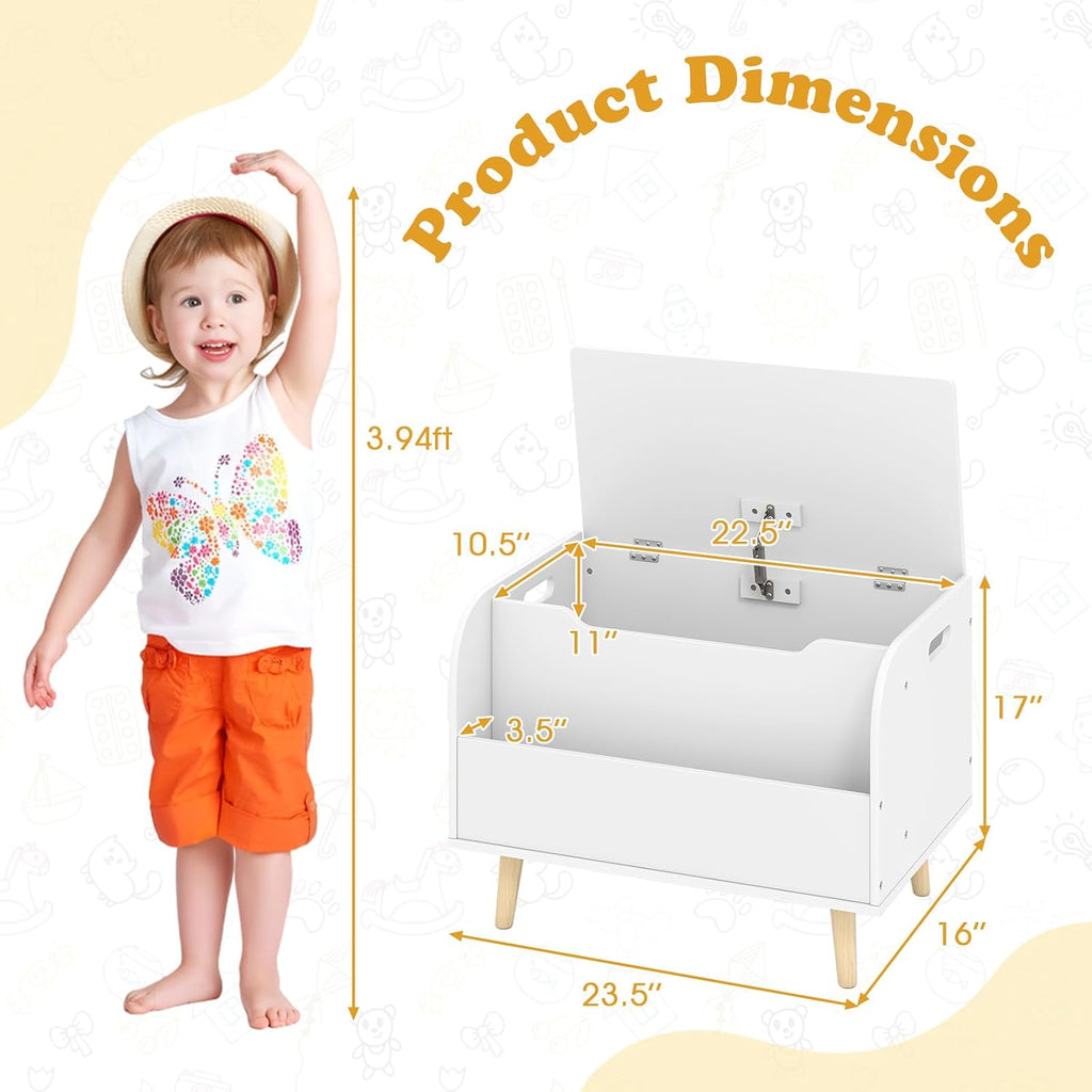 Kids Wooden Toy Box w/Front Bookshelf, Toy Storage Organizer w/ 4 Solid Wood Legs, Flip-top Lid, Safety Hinge &