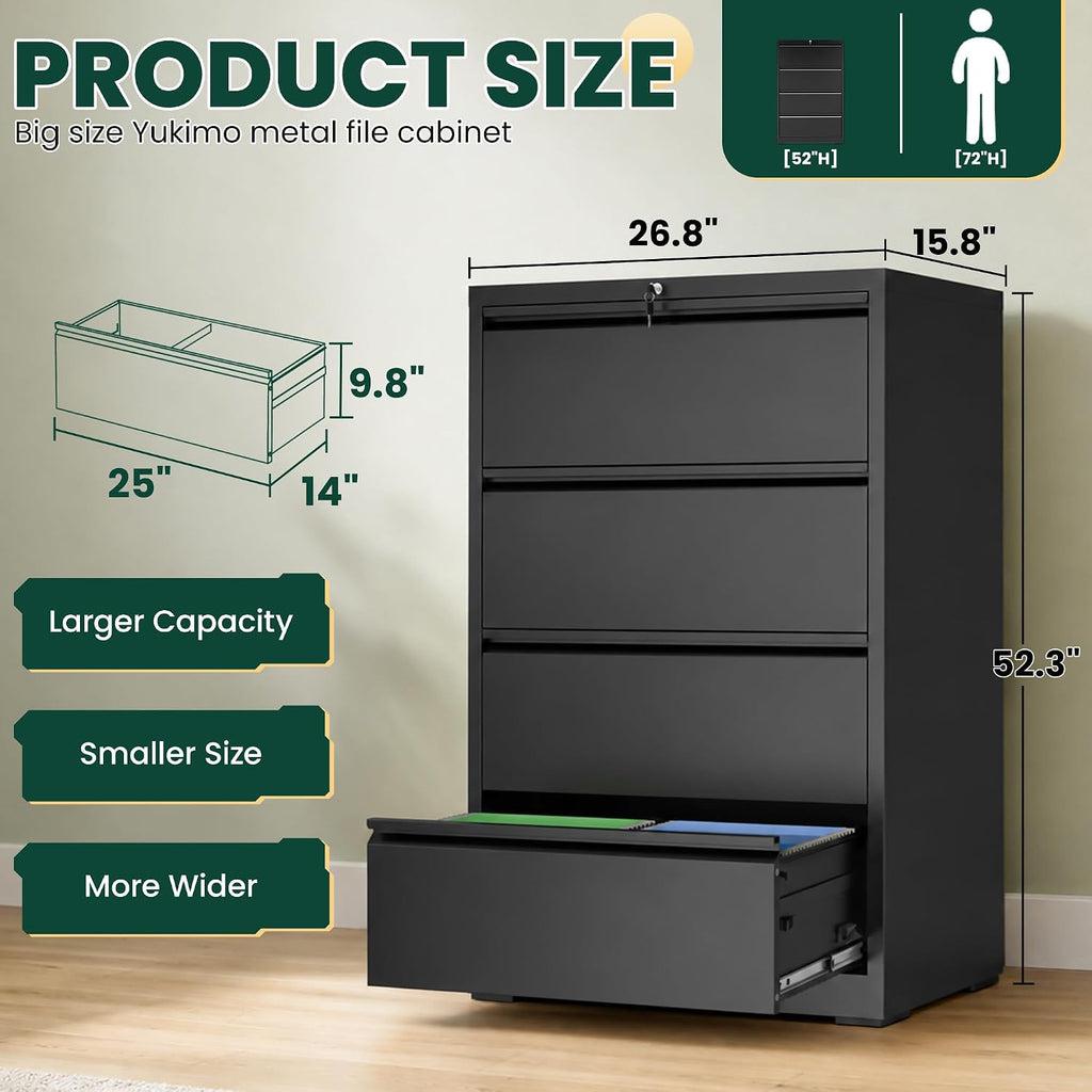 4 Drawer Lateral File Cabinet with Lock, File Cabinet ,Black | Heavy-Duty Steel Locking File Cabinet, Hanging
