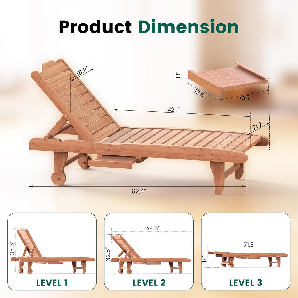Wooden Chaise Lounge Chair, 3-Position Adjustable Outdoor Tanning Chair with Hidden Side Tray & Wheels, Poolside