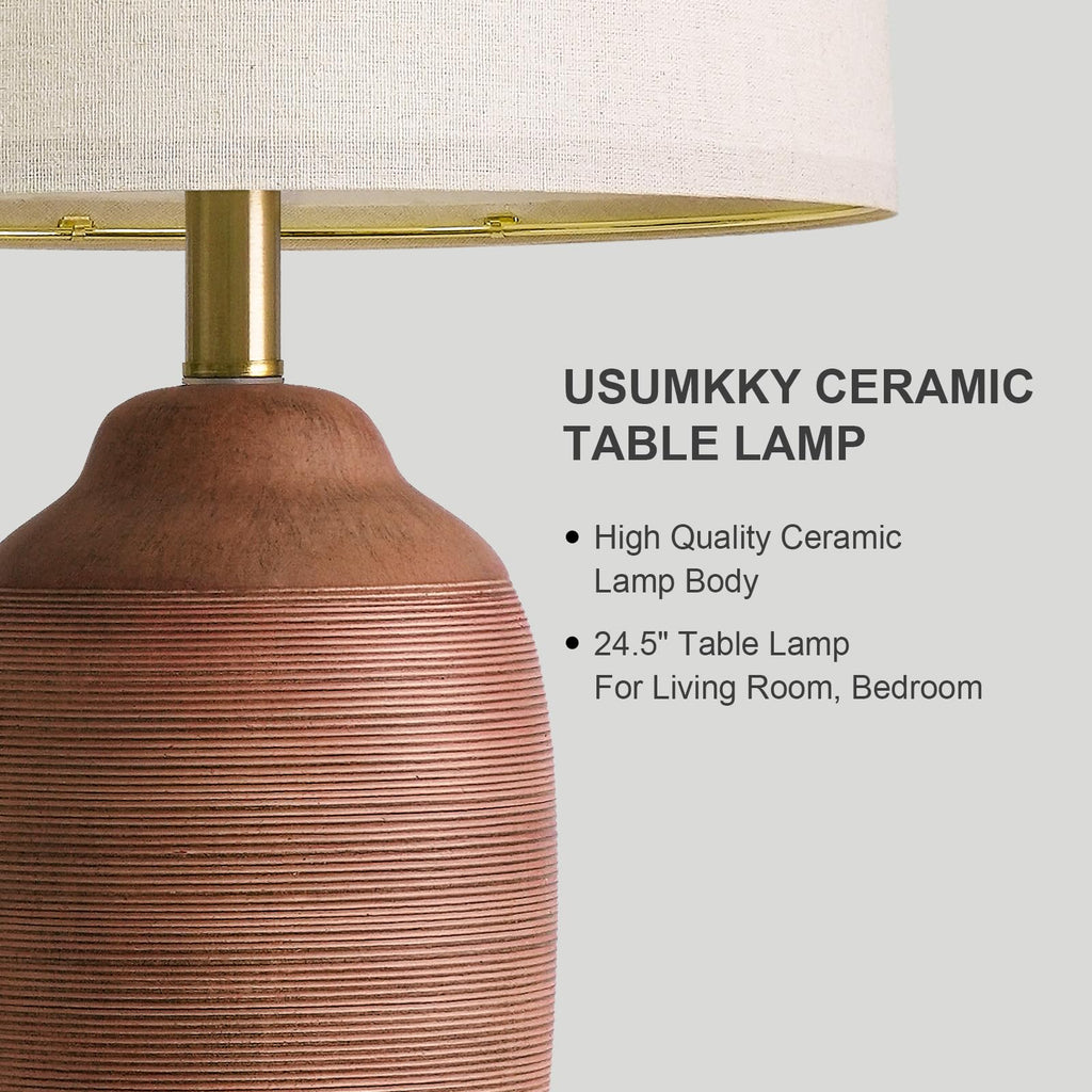 24.5" Single Rustic Terracotta Brown Handcrafted Ceramic Table Lamp 5FT Cord, Farmhouse Vintage Lamp with Linen Drum