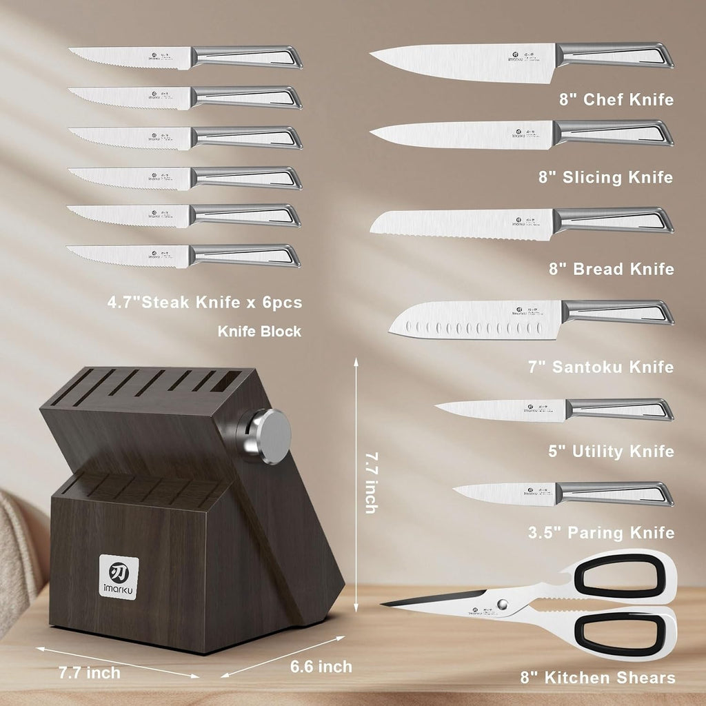 Knife Sets with Block G14 Japanese Knife Set Stainless Steel Kitchen 14pcs, Built-in Sharpener, Sharp Knives with