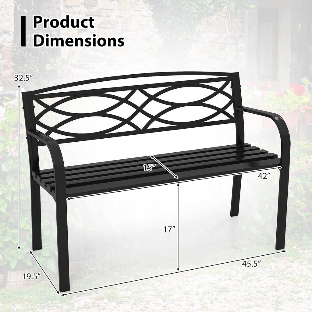 Outdoor Metal Garden Park Bench, Heavy-Duty Metal Slatted Loveseat for 2 People with Curved Armrests & Backrest