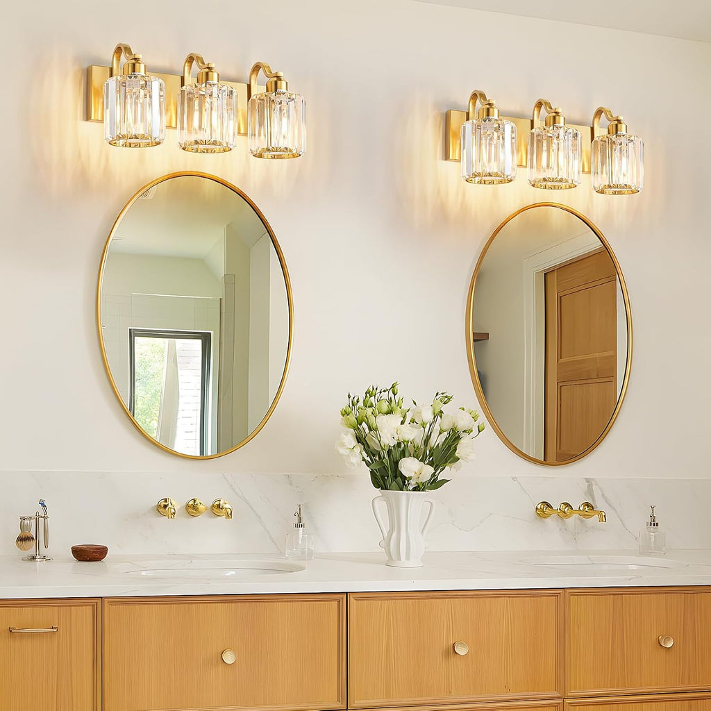 3-Light Gold Bathroom Light Fixtures,Modern Bathroom Vanity Lights Fixture with Clear Crystal Glass Shade, Modern