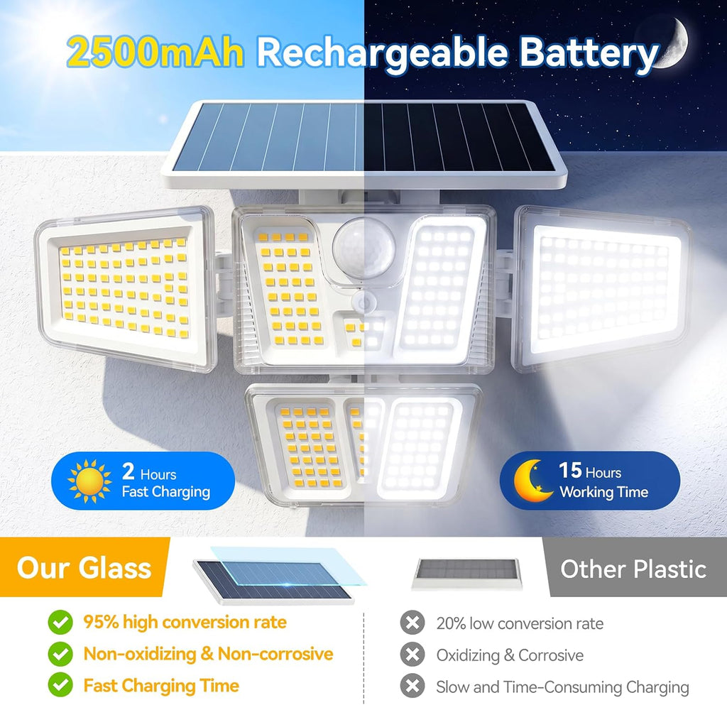 Solar Lights Outdoor White,3600LM Motion Sensor Outdoor Lights | 4 Heads 270° Solar Flood Lights Outdoor, Remote & 3