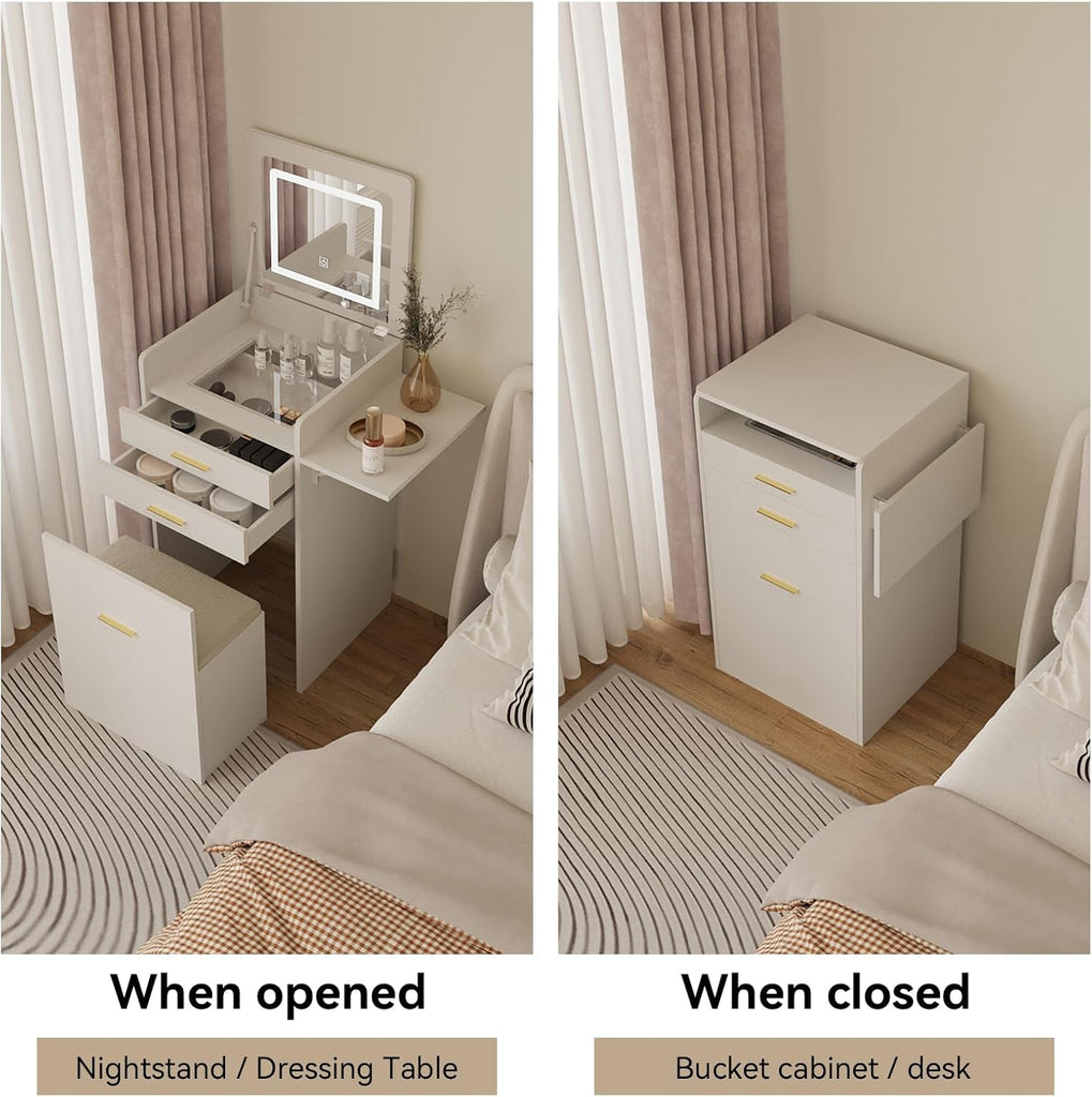 Small Vanity with Chair 3 in 1 Vanity Desk with Flip Top Mirror | White Small Makeup Table Set with Fold-up Panel &