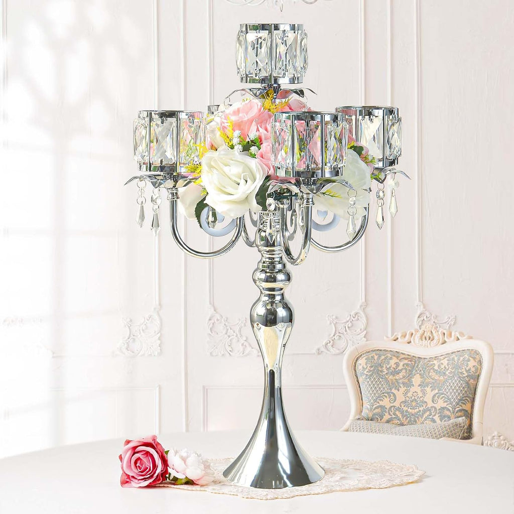 5 Arm Elegant Crystal Candle Holder,Candlestick, 22 Inch Tall Candle Holder Table Candelabra Event Party Table