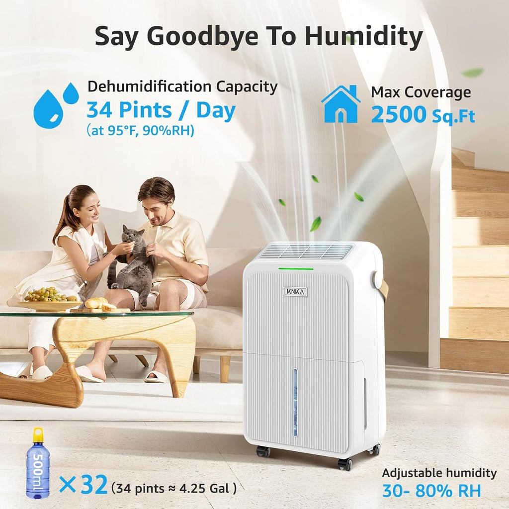 2500 Sq.Ft Dehumidifier for Basement with Drain Hose Max 34 Pints, Dehumidifiers for Home, Bedroom, Bathroom