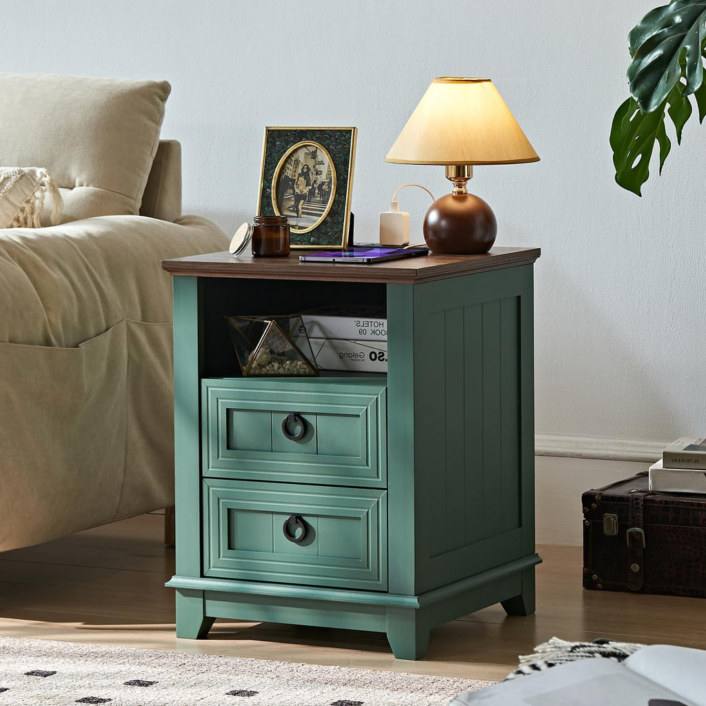 18" Farmhouse Night Stand Set 2 with Charger Station & 2 Drawers