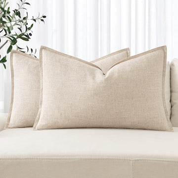 Decorative Linen Lumbar Pillow Covers 12x20 Inch Natural Beige Boho Farmhouse Neutral Couch Throw Pillows