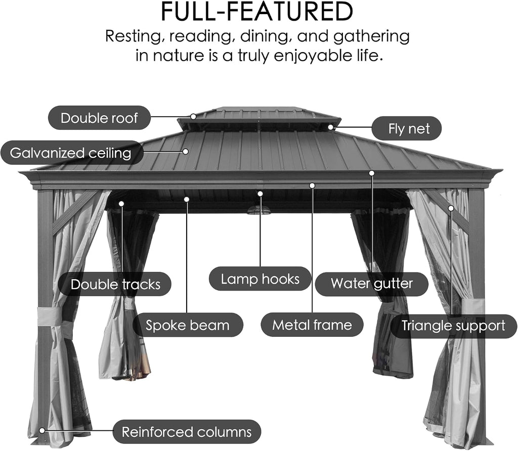 12' x 16' Hardtop Gazebo, Aluminum Frame with Galvanized Steel Double Roof