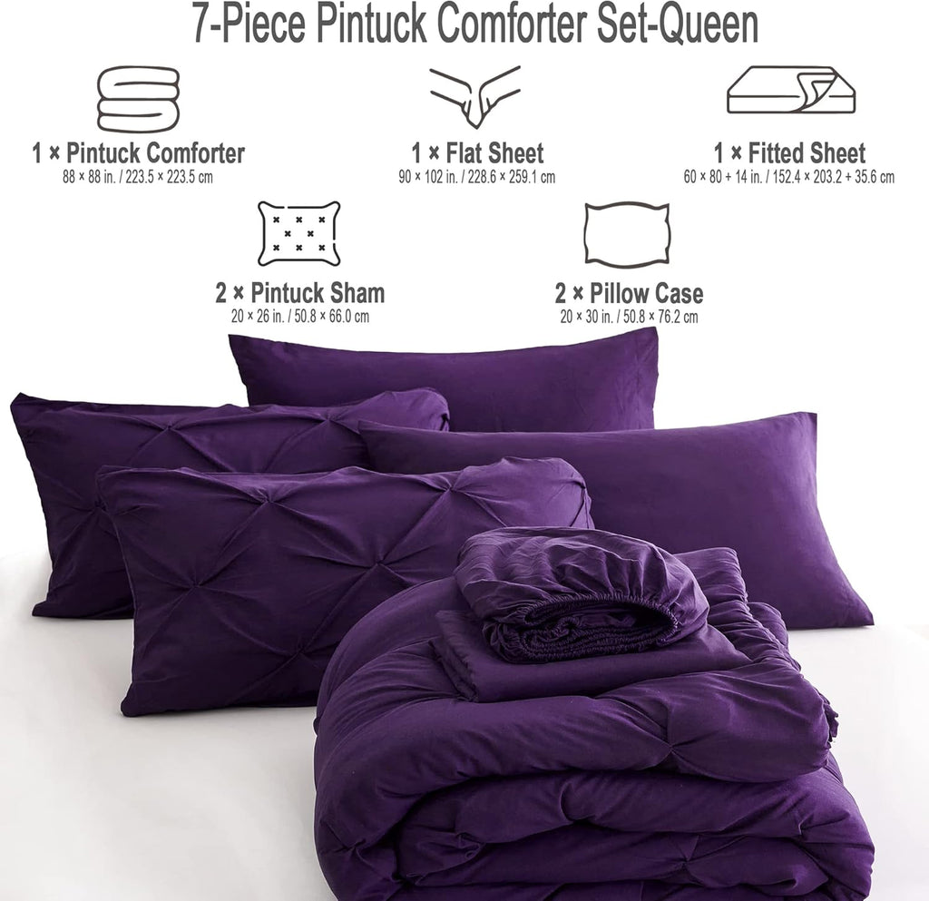 7pc Purple Comforter Set with Sheets, Pintuck 7 Piece Bedding Comforters Bed in a Bag for All Season