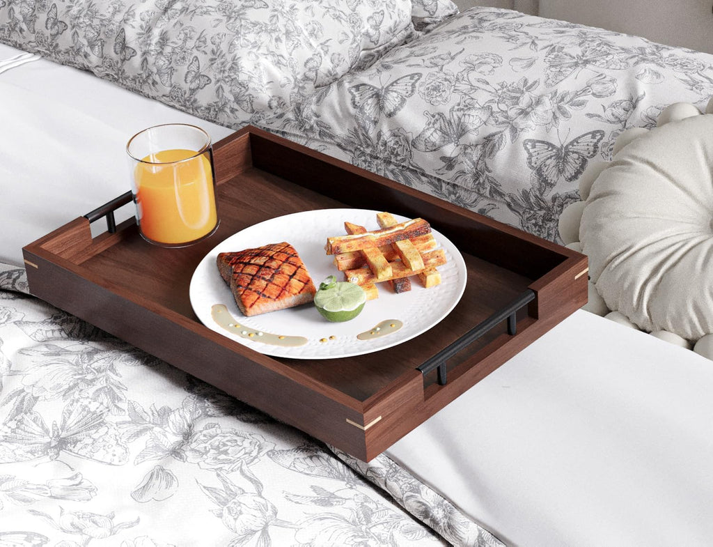 Set of 2 Walnut Wood Serving Trays with Metal Handles | Ottoman Decorative Trays Platter for Coffee Table,Living