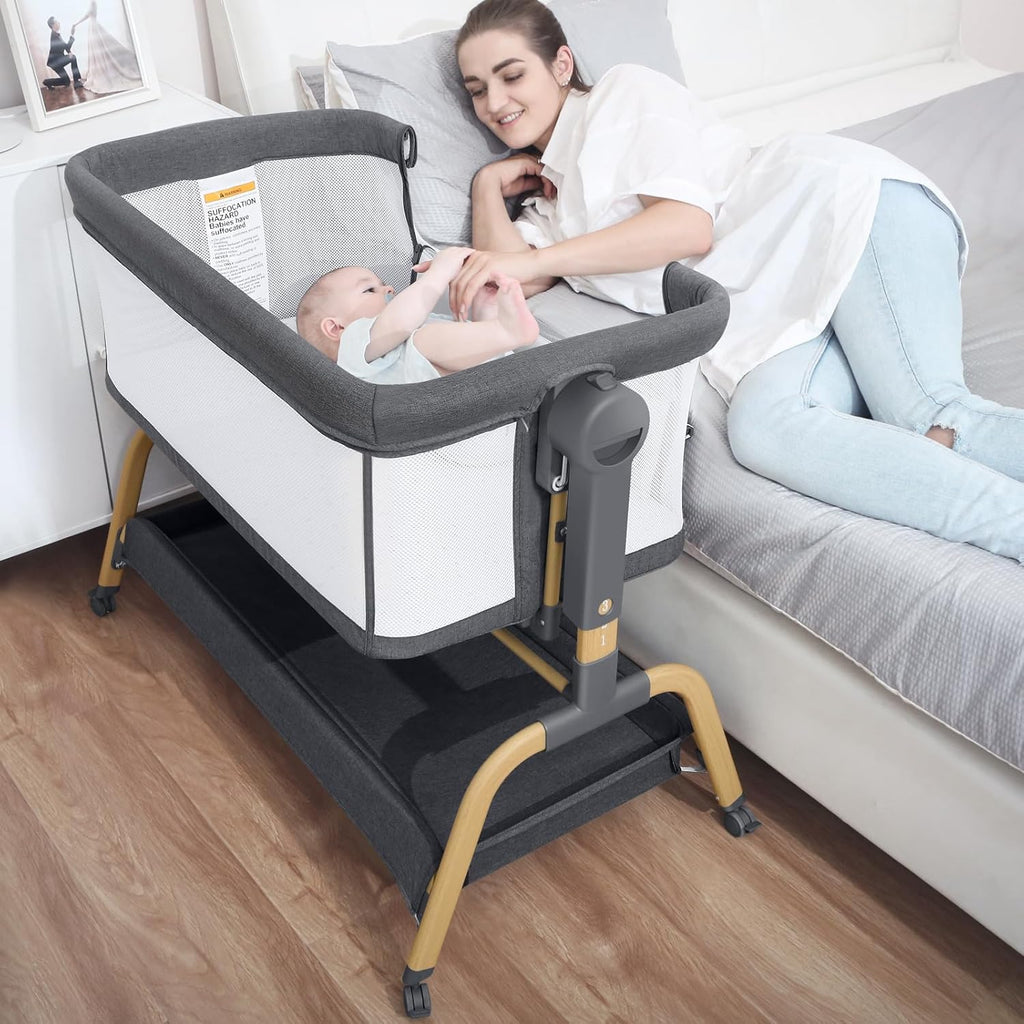 3 in 1 Baby Bassinet, Bedside Bassinet for Baby, Rocking Bassinet with Comfy Mattress and Wheels, 6 Height Adjustable