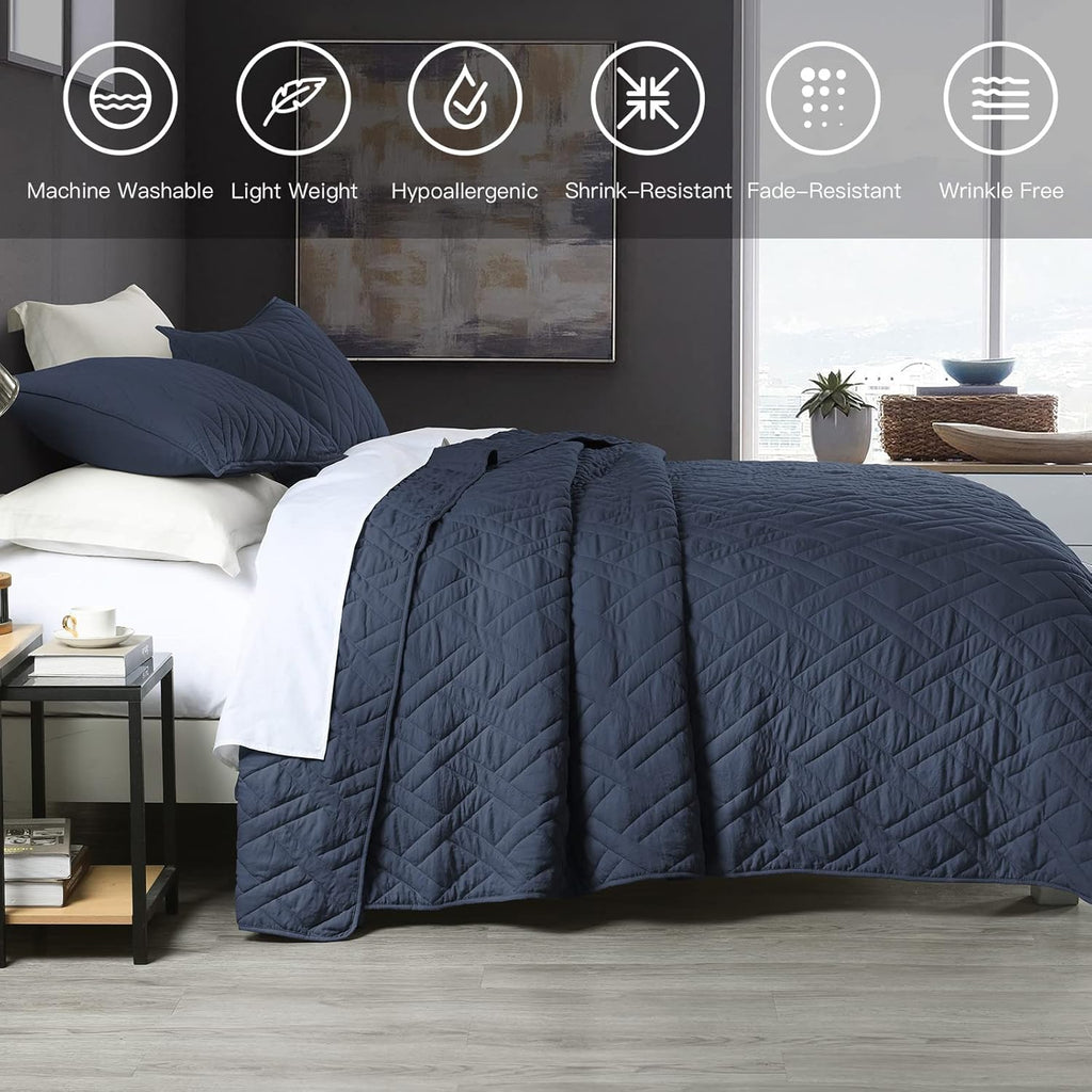 Quilt Set Navy Blue, Classic Geometric Diamond Stitched Pattern, Ultra Soft Microfiber Lightweight Bedding