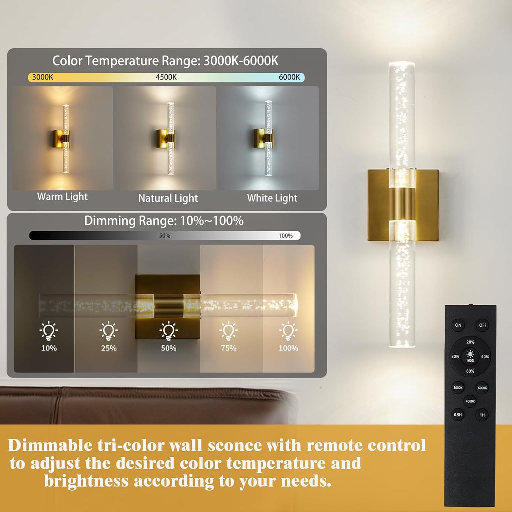 Battery Operated Wall Sconce Set of Two, Rechargeable Modern Crystal Bathroom Sconces, 3000K-6000K Dimmable Gold LED