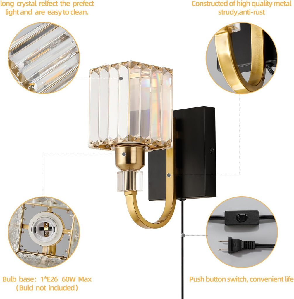 Modern Crystal Wall Sconce with Plug，Black Gold Wall Mounted Light Fixture, Plug-in Vanity Light with On/Off Switch