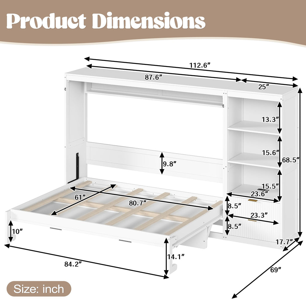 Queen Size Horizontal Murphy Bed with Desk & Side Cabinet, White