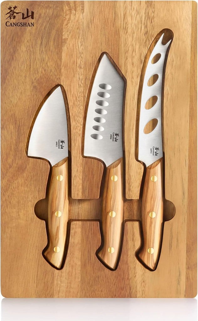 3-Piece Olive Wood Cheese Knife Set with Acacia Cheese Board