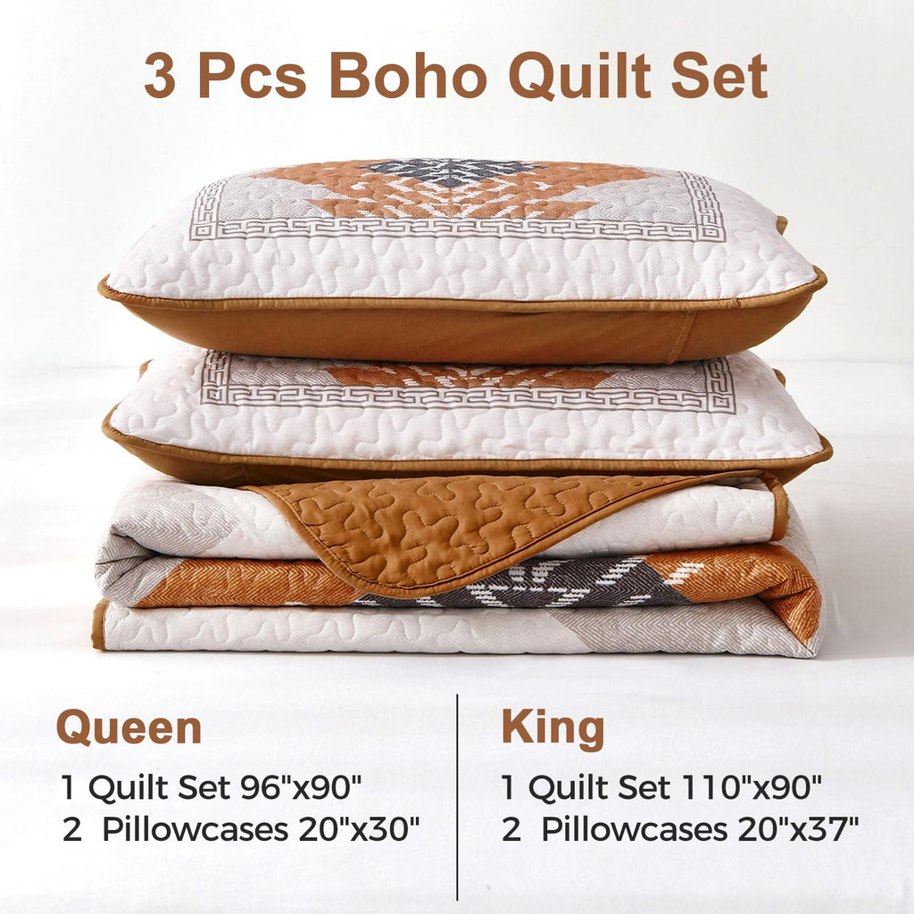 Boho King Quilt Set, Terracotta Aztec Reversible Bedspread