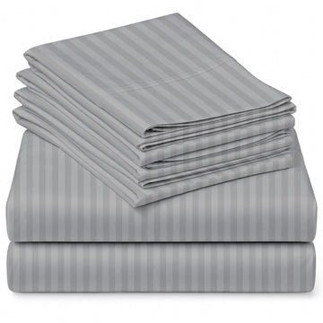 Queen [21"] Bed Linen Set, 600 Thread Count Egyptian Cotton, 6 Piece Striped Sheet Set, Light Grey Stripe, Deep