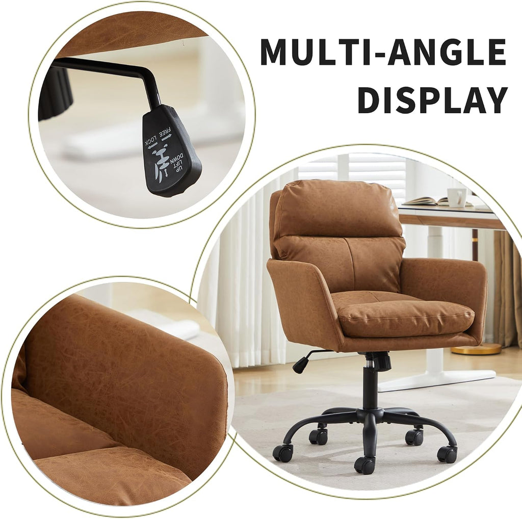 Adjustable Home Office Desk Chair with Comfy Square Mid-Back, Faux Leather 360 Swivel Upholstered Task Armchair with Wheels for Vanity Bedroom/Living Room,Study Brown