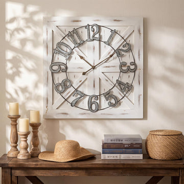 30 Inch Square Farmhouse Wall Clock, Silent Non Ticking Rustic Wooden Clock with Galvanized Numbers, White Vintage