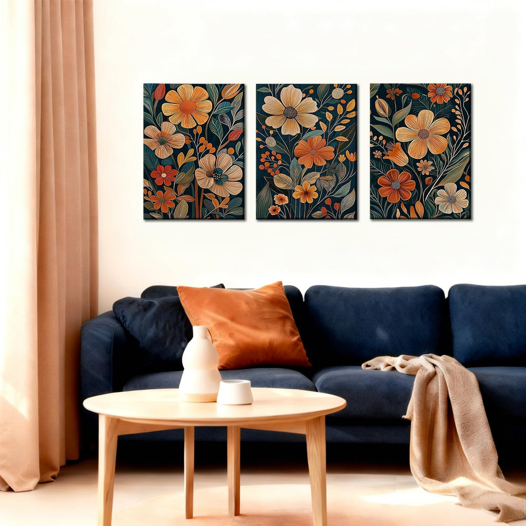 3 pcs Vintage Orange Floral Framed Canvas Wall Art, Medieval Modern Floral Paintings, Natural Botanical Artwork