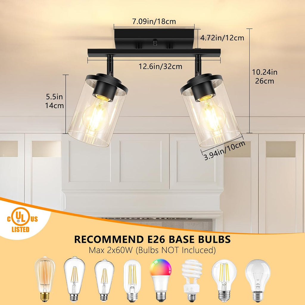 2-Lights Semi Flush Mount Ceiling Light, Modern Black Kitchen Light Fixtures Ceiling with Clear Glass Shade