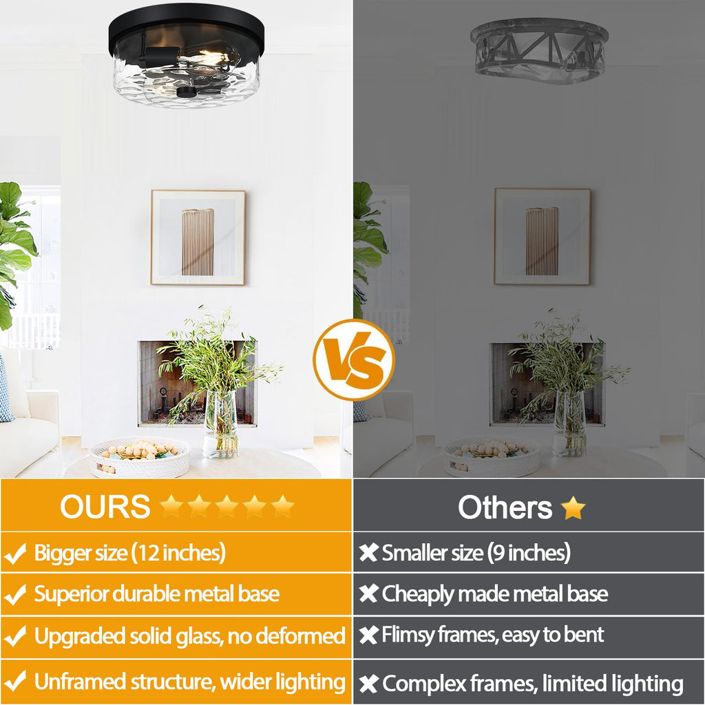 Flush Mount Ceiling Light Fixtures, 2-Light Black Ceiling Mount for Farmhouse with Water Ripple Glass Lampshade