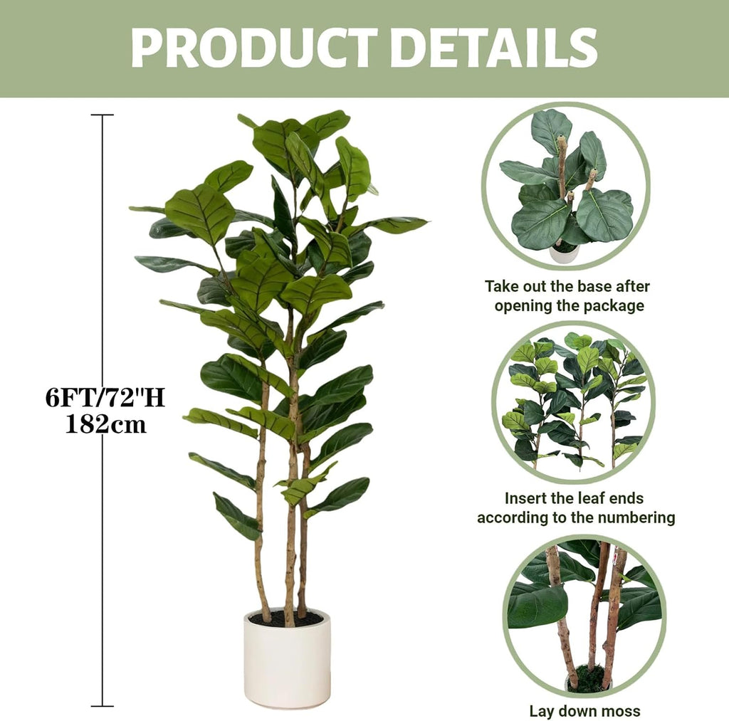 Artificial Fiddle Leaf Fig Tree 6FT with White Tall Planter-Large Faux Tree Tall Fake Floor Plant in Pot,Artificial