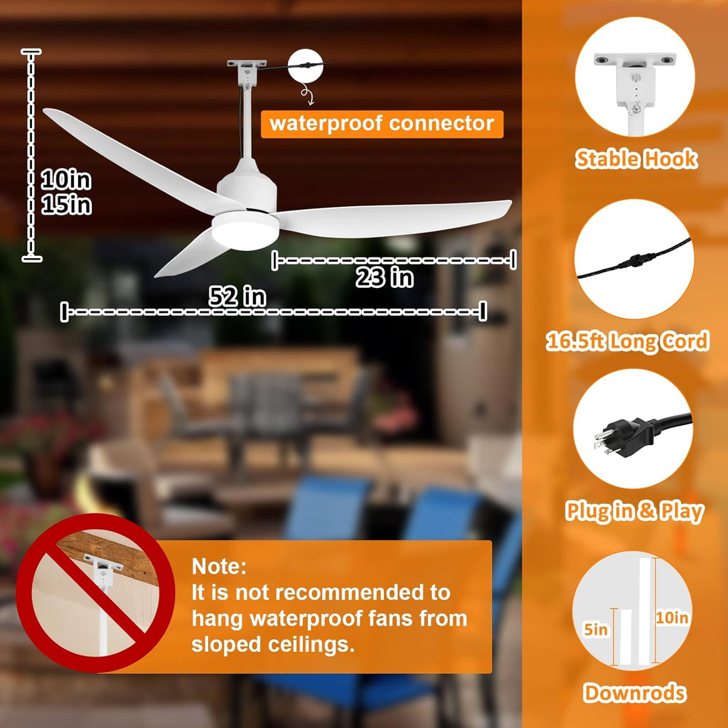 52 Inch Waterproof Gazebo Fans with Lights Outdoor Hanging - Plug in Remote App Control for Patio Indoor Farmhouse Porch - White 6 Speed Reversible DC Motor