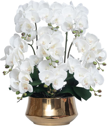 Orchids Artificial Flower Real Touch Fake Flowers in Large Ceramic Pot - Set of 9