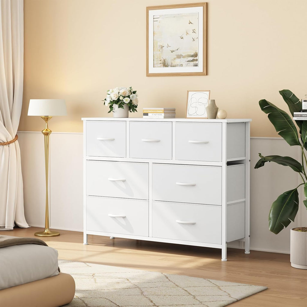 7 Drawer Closet Organizer, Storage Tower with Sturdy Steel Frame | White Dresser , Wooden Top & Easy Pull Fabric