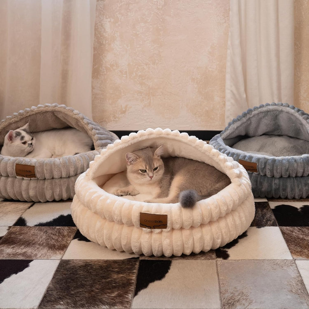 Cat Cave Bed for Indoor Cats, Washable Covered Cat Bed Hooded Kitty Bed Soft Fluffy Pet Bed for Puppy and Small