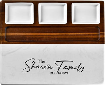 Wood Marble Cheese Board Set - Acacia & Marble Charcuterie Board with 3 Removable Ceramic Bowls & Stainless Steel