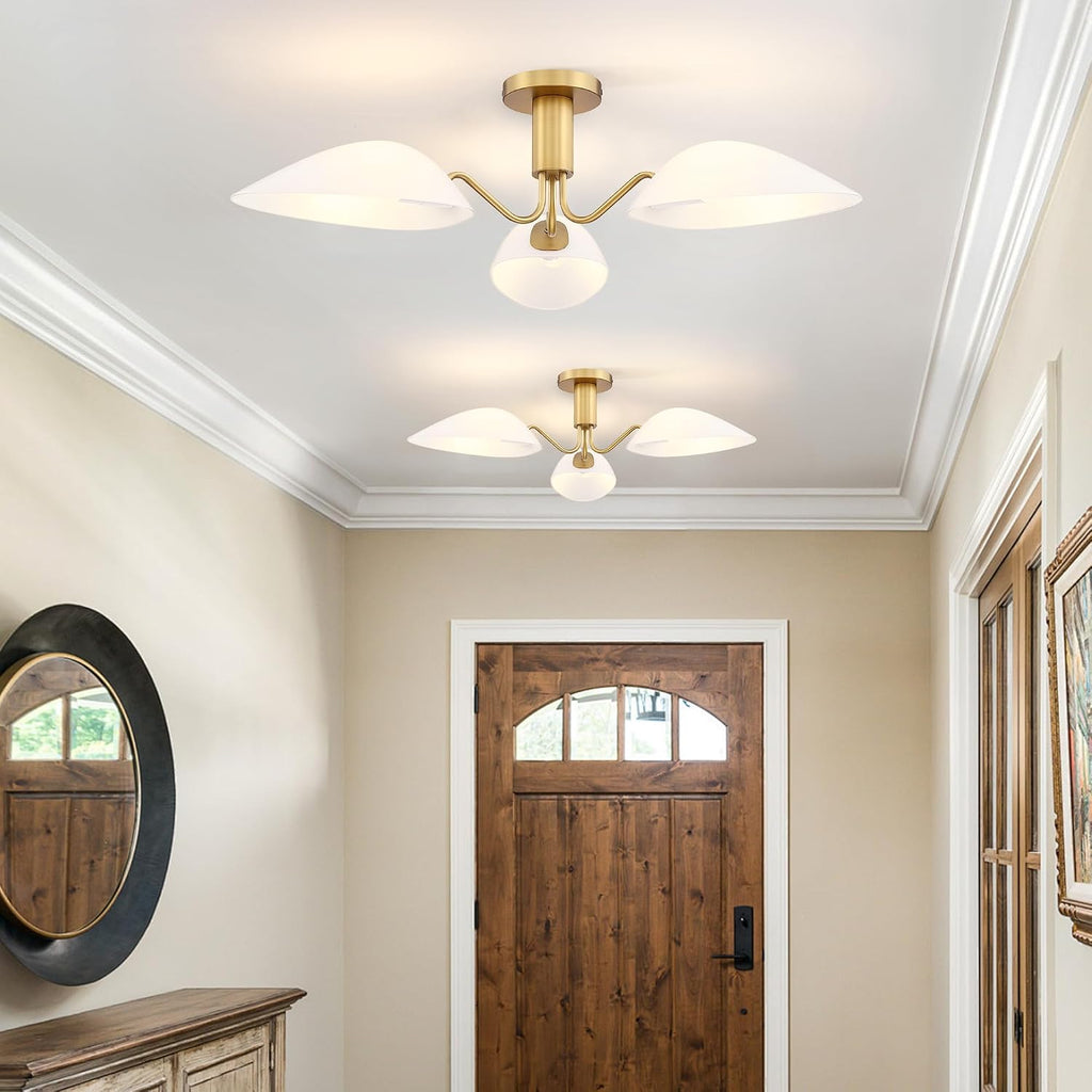 Modern Gold 3-Light Ceiling Light with Opal White Glass Shade Semi Flush Mount Ceiling Light for Living Room Hallway