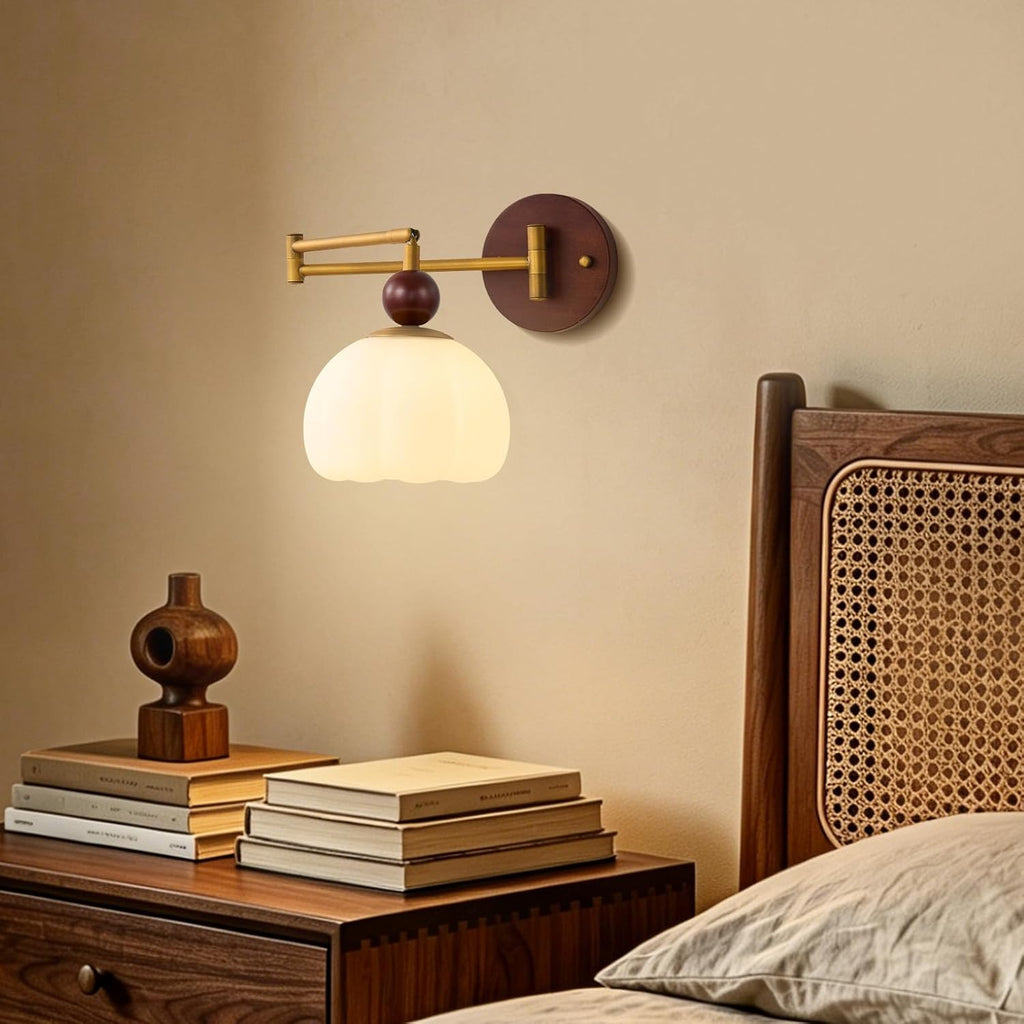 Swing Arm Wall Lamp, Mid Century Modern Adjustable Wall Sconce with Gold Metal Swing and Cream Dome Shade, Retro