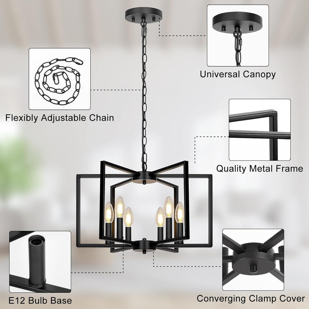 Black Farmhouse Chandelier, 6 Light Geometric Dining Room Light Fixture, Modern Industrial Metal Ceiling Light Rustic