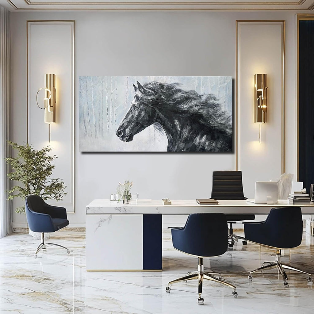 Extra Wide Panoramic Horse Canvas Wall Art, Black and White Equine Portrait Artwork, Misty Birch Forest, Rustic