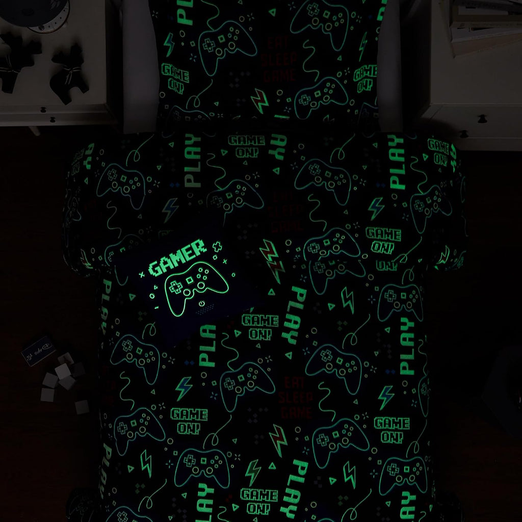 Kids Comforter Set for Boys, Glow in The Dark Gamer Bedding Set 1 Comforter, 1 Decor Pillow, 1 Pillow Sham