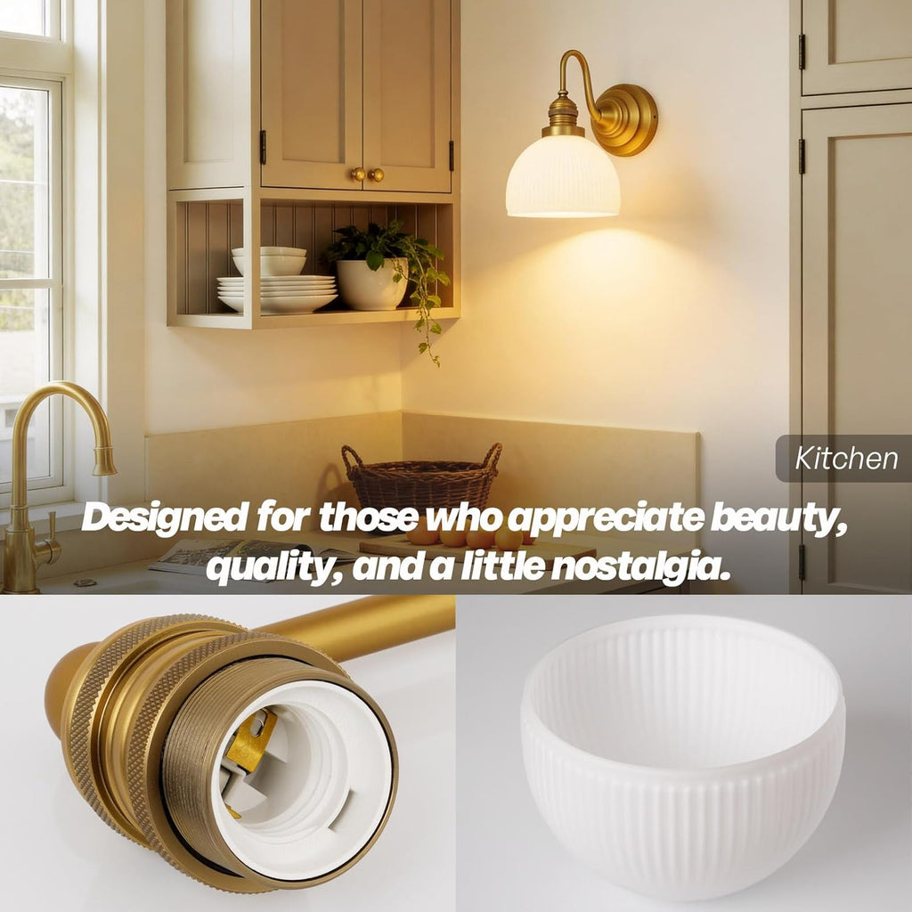 Brass Gold Wall Sconce Vintage Milk Glass Bathroom Vanity Light | Bathroom Wall Sconces,Antique Brass,Thick