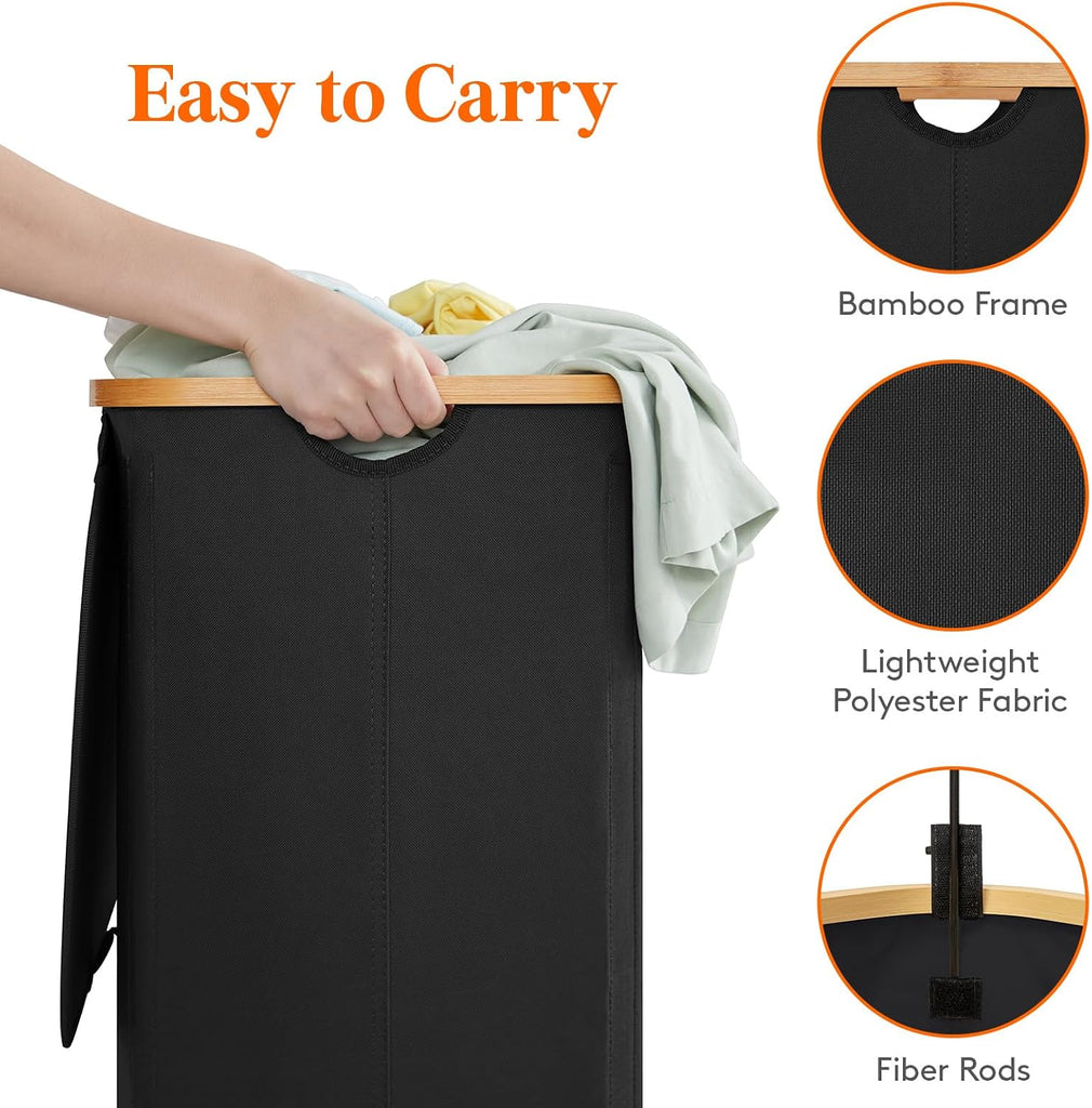 150L Double Laundry Hamper with Lid, Large Laundry Basket with Removable Bag & Bamboo Handles, Fodable Tall Dirty
